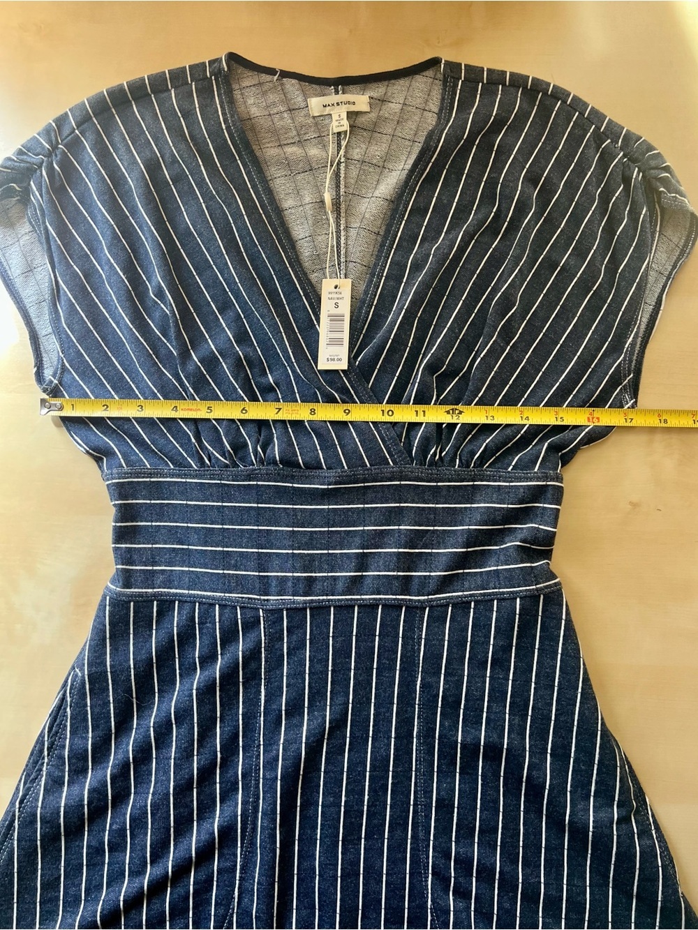 Navy and White Pinstripe A-line Midi Dress with Pockets Nautical Coastal Grandma - Picture 7 of 9
